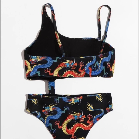 Womens Dragon Print Cut-Out One Piece Faux Bikini Set 🐉👙 Size Medium - Picture 2 of 4